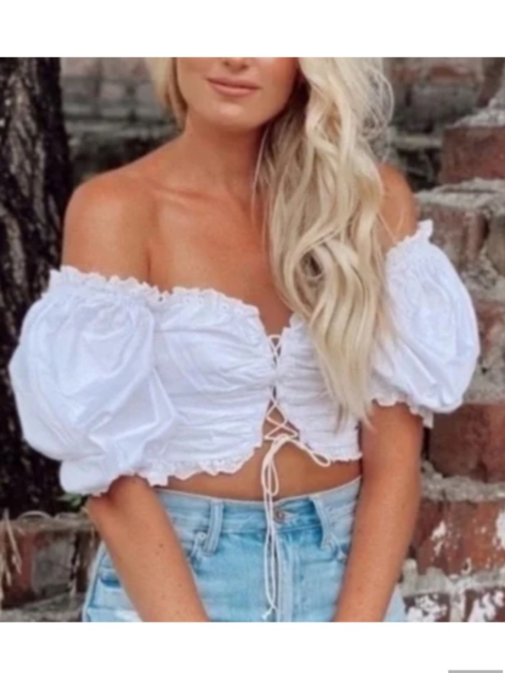 For Love & Lemons White Off-Shoulder Puff Sleeve Lace-Up Crop Top XS - Picture 2 of 8